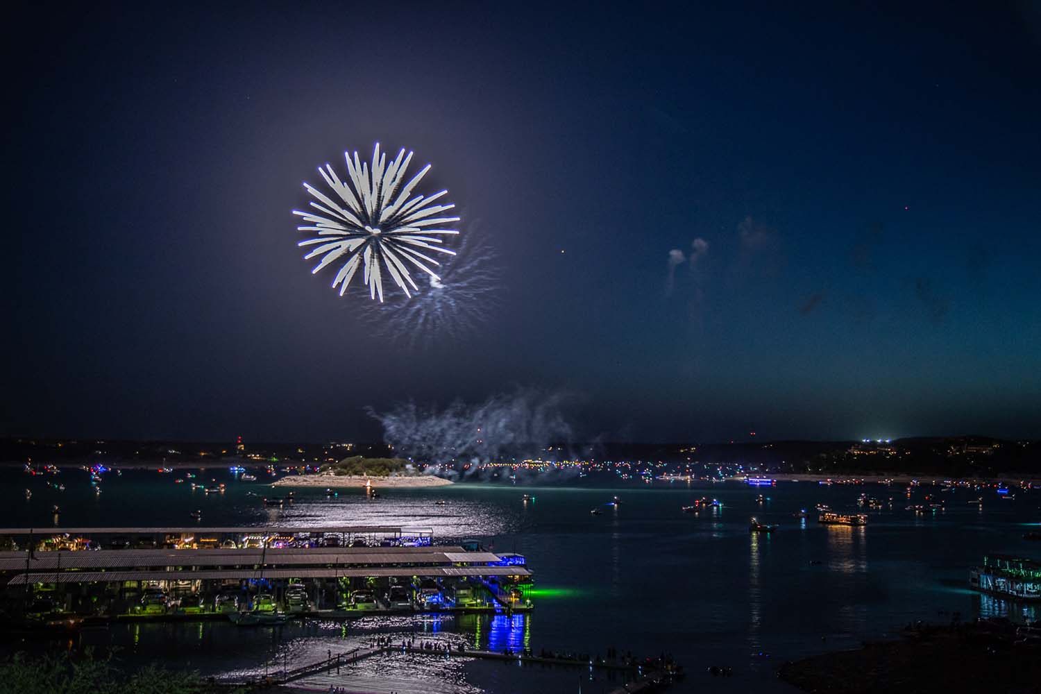 Fireworks on Lake Travis' Starnes Island from Volente Beach Resort. Photo: Will Taylor - LostinAustin.org